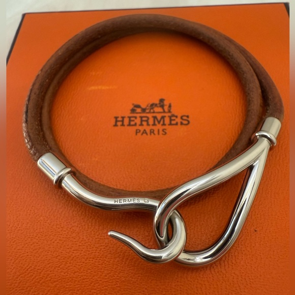 HERMÉS Jumbo Double Wrap Leather Silver Tone Bracelet/Choker - Picture 1 of 4